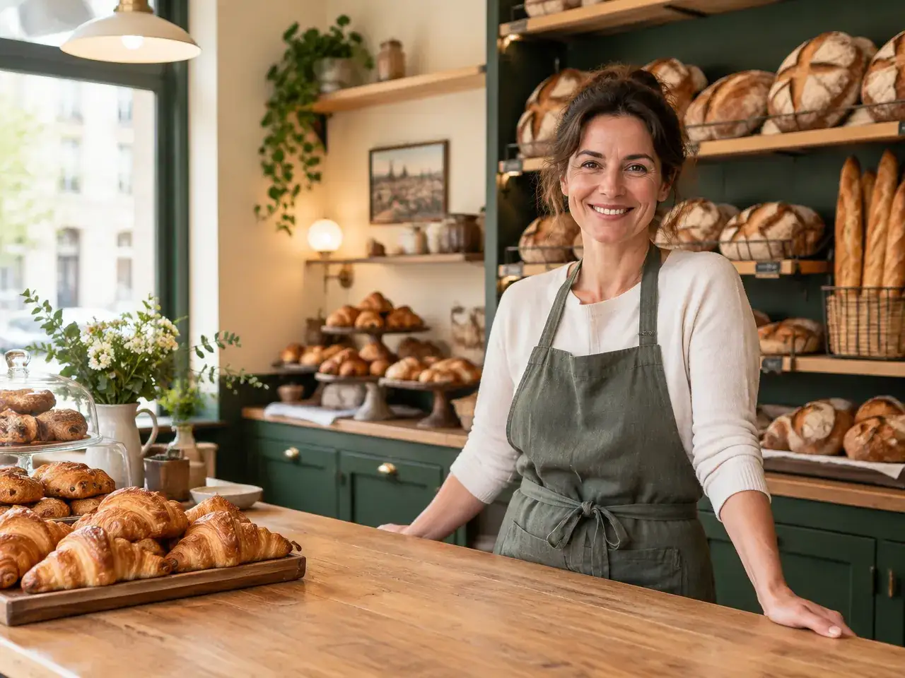 Boulangère souriante dans sa boulangerie de quartier